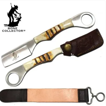BC 866-BN 8" Bone Handle Razor Knife with Leather Sheath & Sharpening Strop Belt