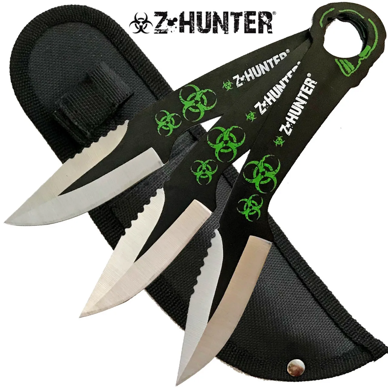 Z‑Hunter 3 Pc Karambit Ring Biohazard Throwing Knives – Green Biohazard Double‑Edged Stainless Steel Set with Nylon Sheath