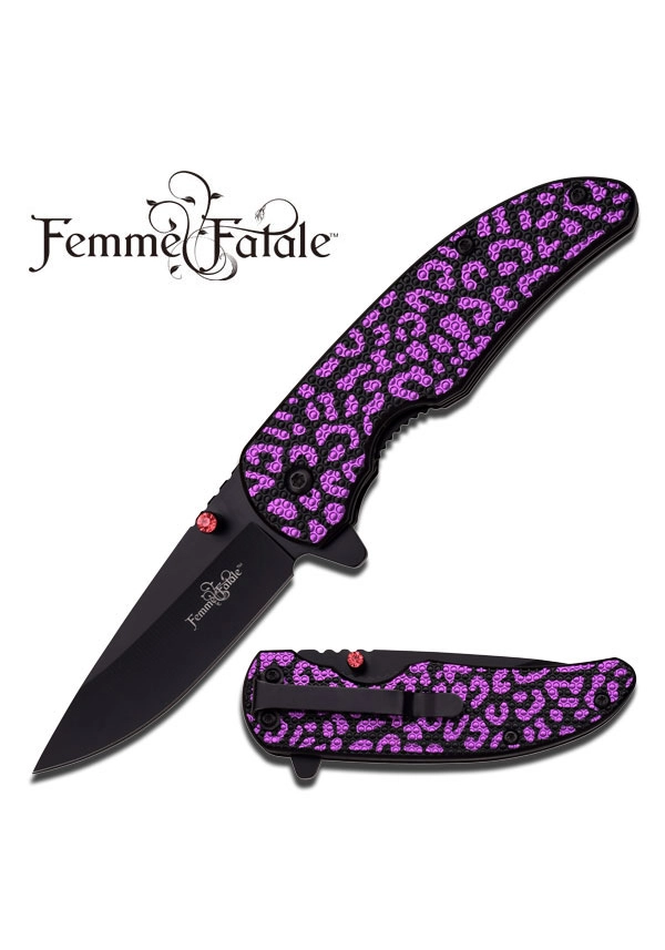 Purple leopard print folding knife