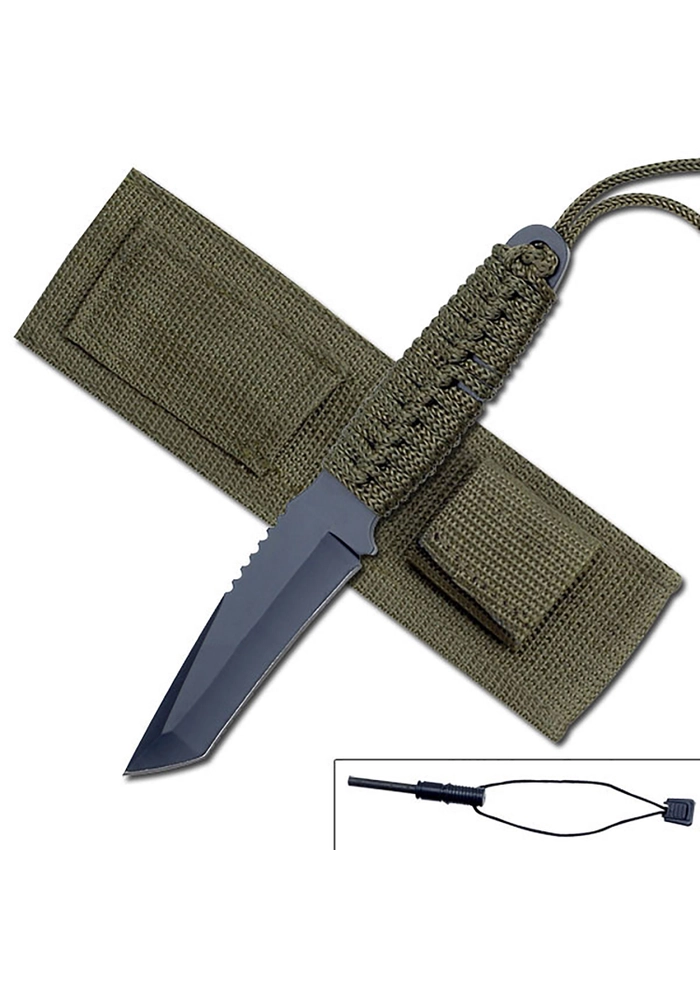 Full‑Tang Black Tanto Fixed Blade Knife with Paracord Handle, 8″ Overall + Nylon Sheath & Fire Starter