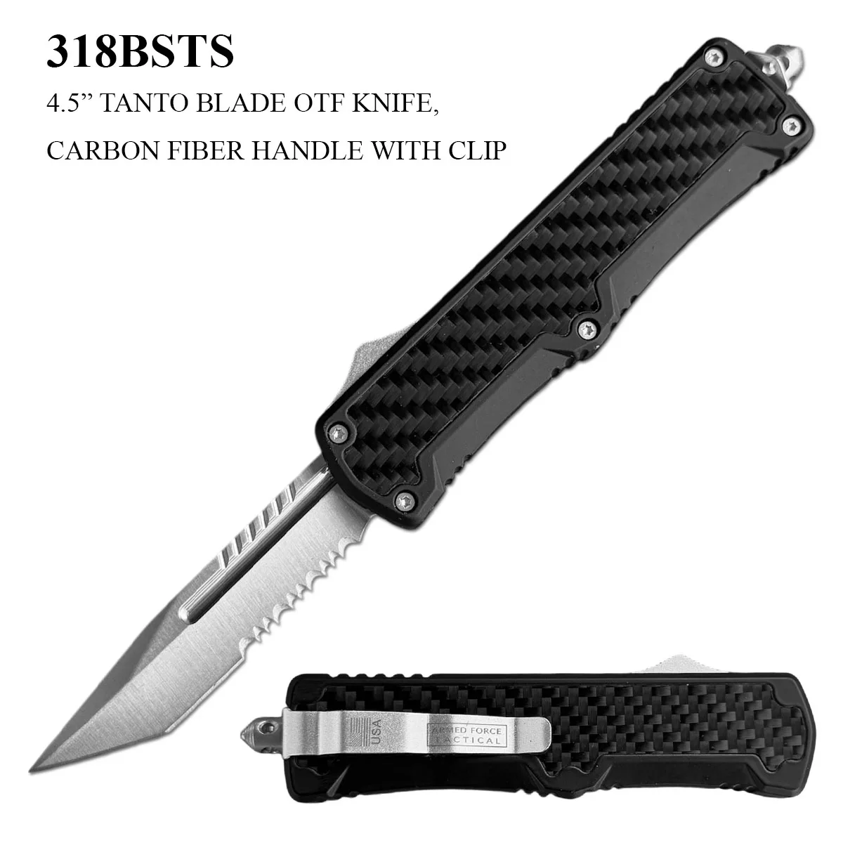 318BSTS OTF Automatic Knife – Carbon Fiber Handle Tanto Serrated Blade