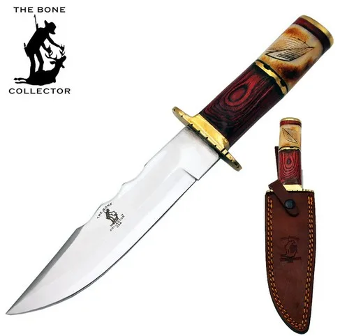 BC 890 12.25" Bone Collector Bone & Spanish Wood Handle Hunting Knife with Leather Sheath
