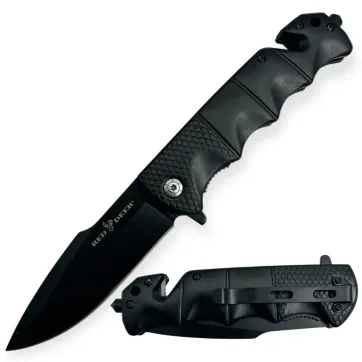 RD-003 - Red Deer Spring Assisted All Black Handle W/ Seat-belt Cutter