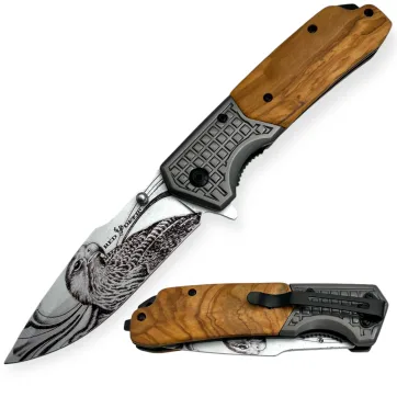 RD-018-1 - Red Deer® Spring Assisted Grey/Wooded Handle Eagle