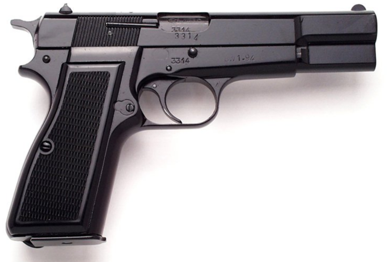 A Belgian-made FN Browning Hi-Power pistol, right-side view