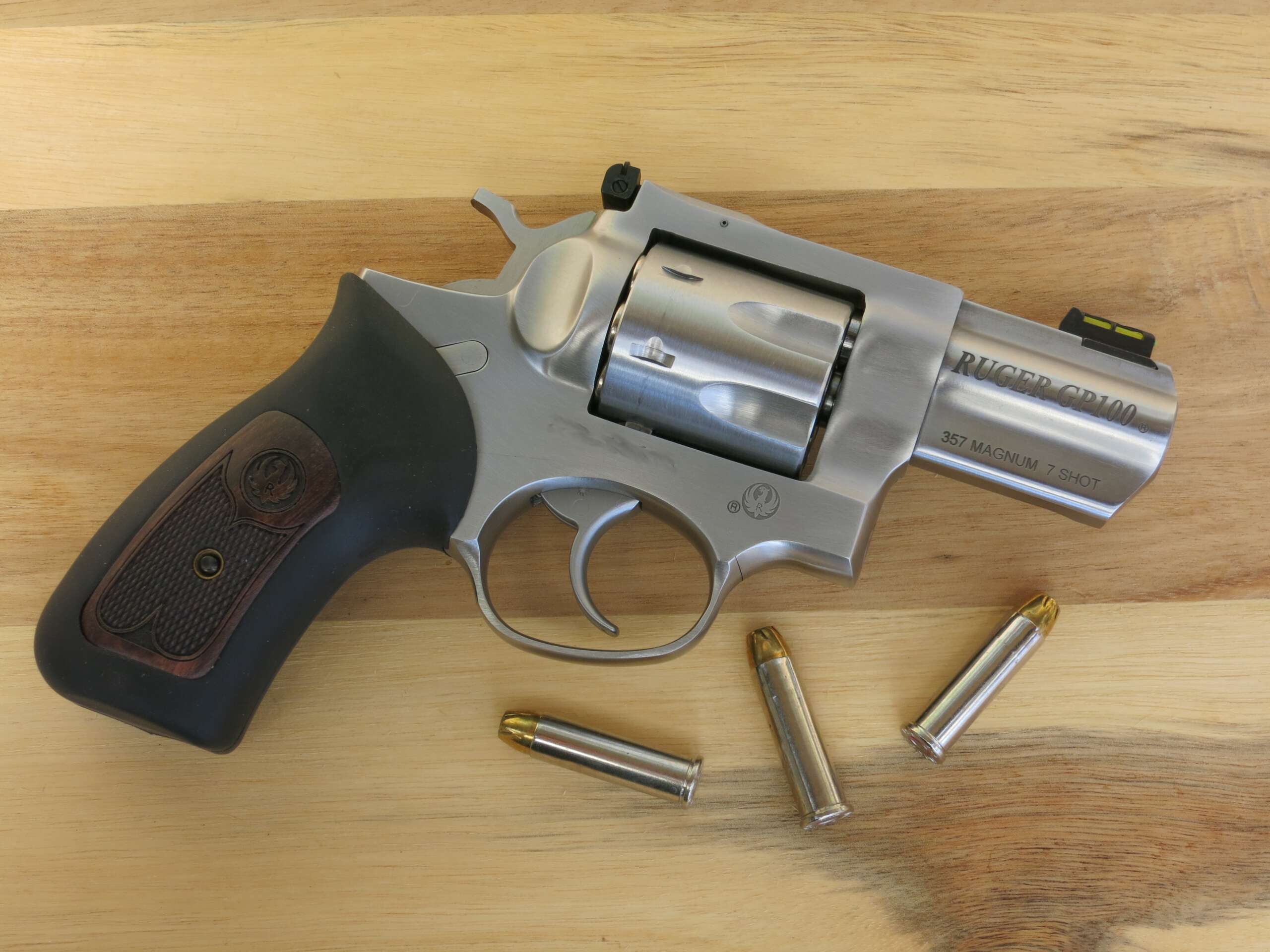 A Ruger GP100 .357 Magnum double-action revolver