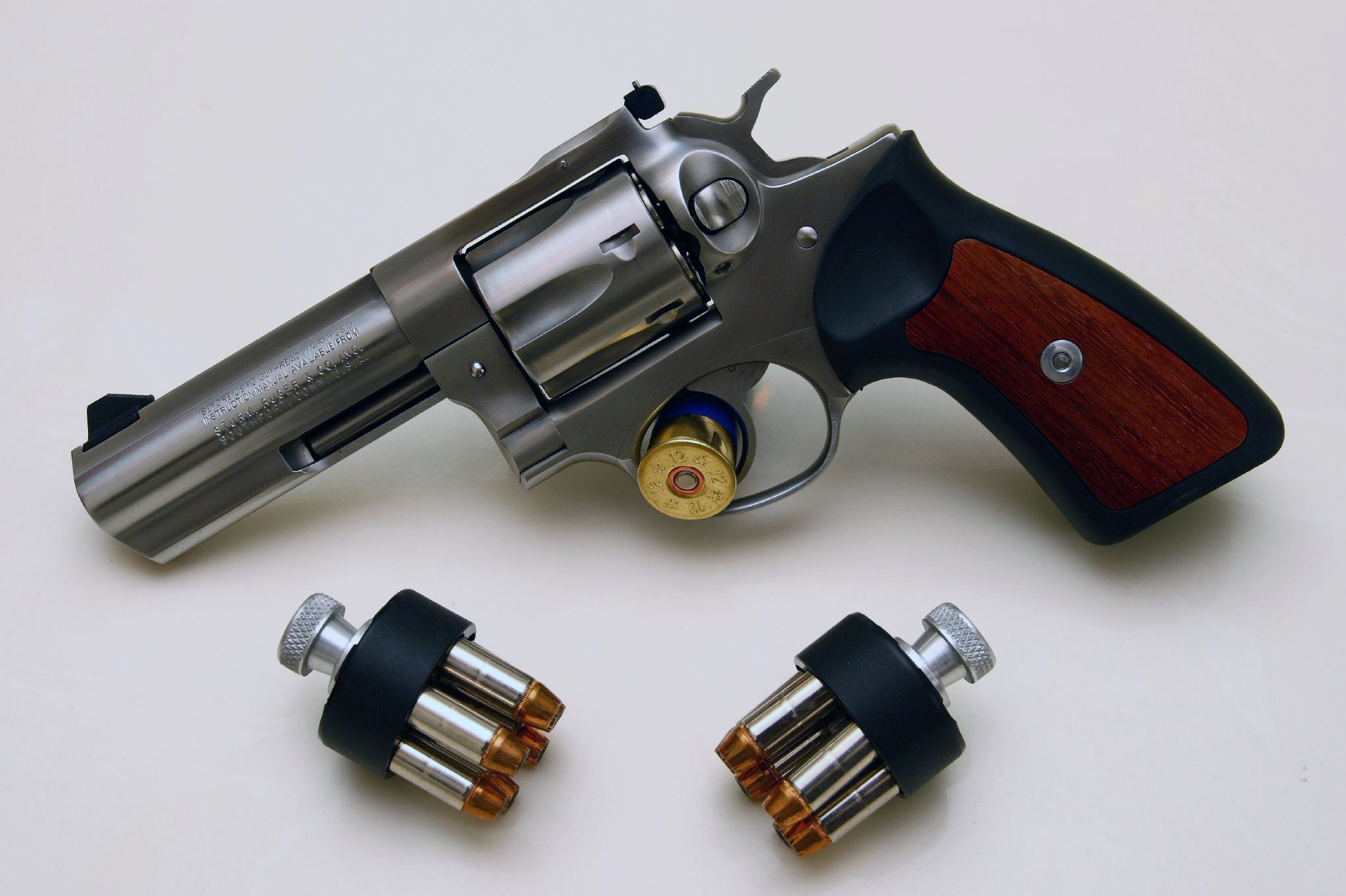A stainless steel Ruger GP100 .357 Magnum revolver