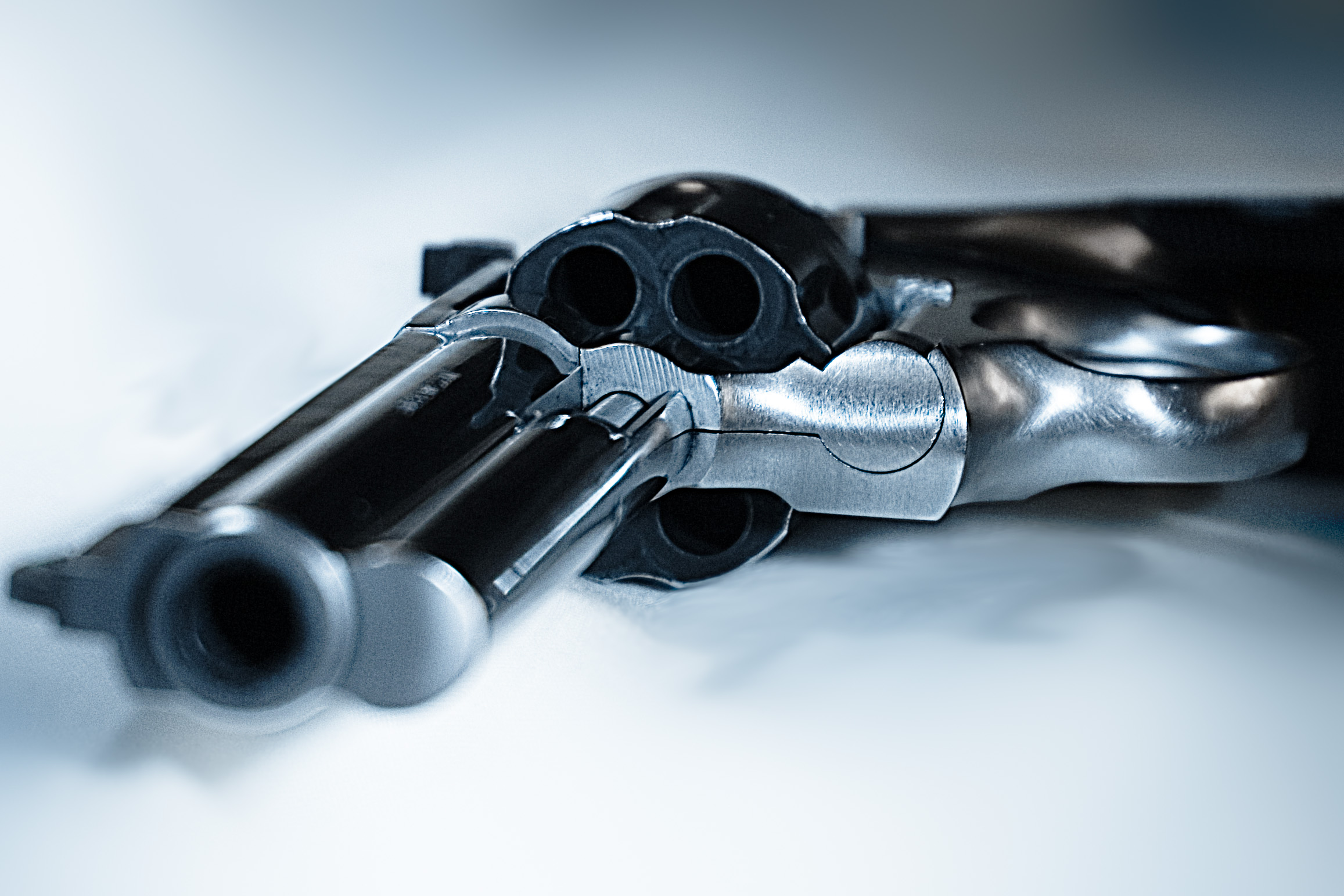 A close, muzzle-forward view of a Smith & Wesson Model 686's barrel and cylinder