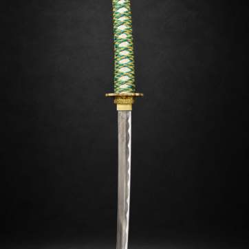 Teal and gold katana sword with cord-wrapped handle and ornate gold-tone guard