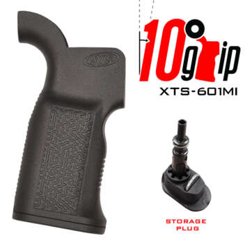 Black XTS-601MI ergonomic AR pistol grip with 10-degree angle graphic and storage plug inset