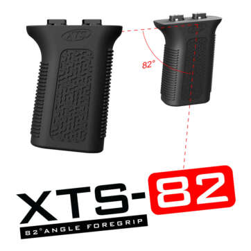 Black XTS-82MI short M-LOK foregrip with ribbed texture and 82-degree angle diagram